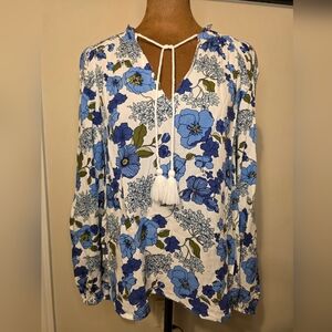 Lucky Brand Blue Floral Boho Peasant Top Tassel Tie Size M